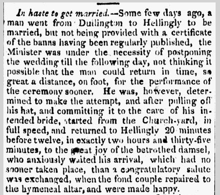 amusing wedding story, Daily Advertiser newspaper article 22 August 1807