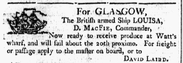 shipping notice about British ship Louisa, Georgia Gazette newspaper article 27 February 1800