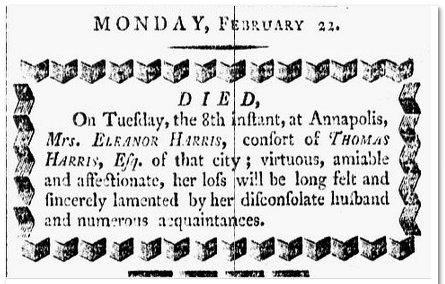 Eleanor Harris obituary, Republican newspaper article 22 February 1802