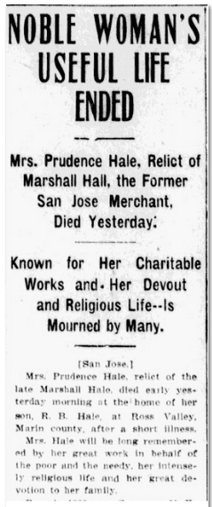 Noble Woman's Useful Life Ended, San Jose Mercury News newspaper article 21 January 1907