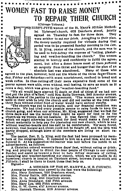 women Fast to Raise Money to Repair Their Church, Omaha World Herald newspaper article 19 November 1899
