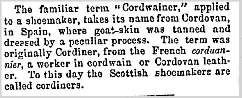 definition of cordwainer, Salem Observer newspaper article 3 March 1860