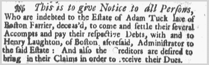 Adam Tuck, farrier, Boston Gazette newspaper article 8 December 1729