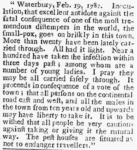 pest houses in Waterbury Connecticut, Connecticut Journal newspaper article 28 February 1782