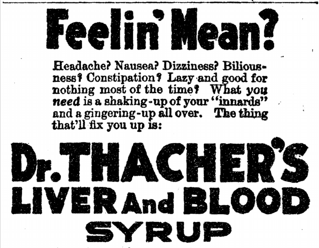 Dr. Thacher's Liver and Blood Syrup, Marietta Journal newspaper advertisement 2 July 1920