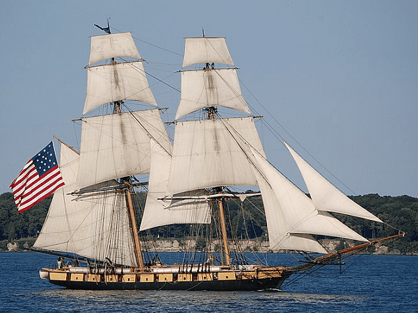 Photo: the brig Niagara under full sail, off of South Bass Island, Ohio, on Lake Erie. Credit: Lance Woodworth; Wikimedia Commons.