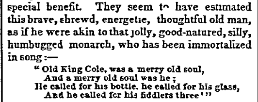 "Old King Cole" nursery rhyme, Weekly Herald newspaper article 28 July 1849
