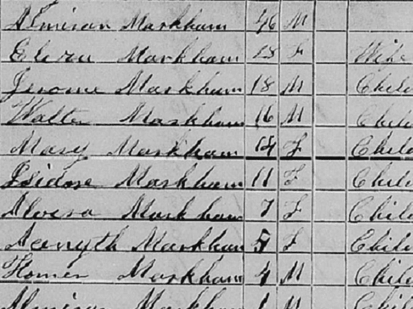 Photo: detail of the Markham family record from the 1855 New York State Census. Credit: FamilySearch.