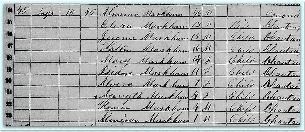 photo of the listing of the Markham family in the 1855 New York State Census