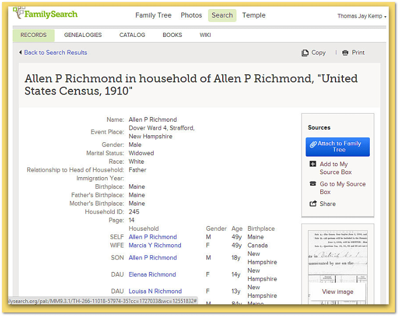 screenshot of FamilySearch Family Tree for Allen Pierce Richmond