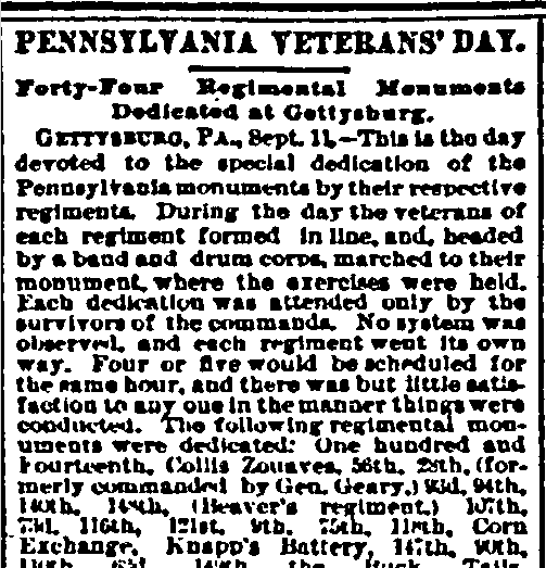 Pennsylvania Veterans' Day Newspaper Article - Sun 1889
