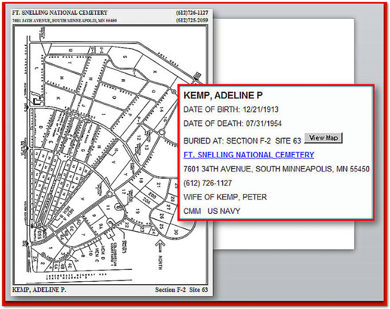 Collage 0806 2013 National Gravesite Locator Adeline Kemp Map 