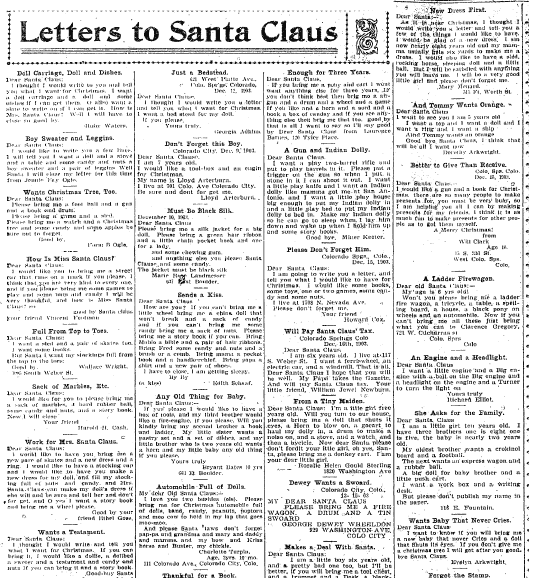 Letters to Santa Claus, Colorado Springs Gazette newspaper article 20 December 1903