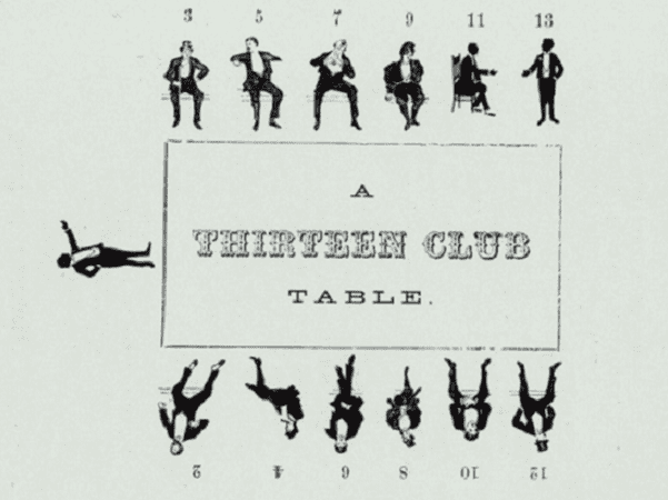 Illustration: a proper Thirteen Club table, illustrated in the booklet that accompanied the 257th official meeting. Credit: New York Public Library.