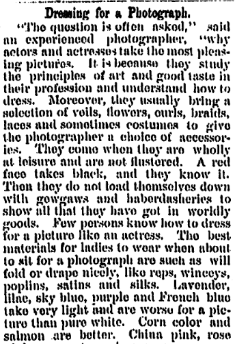 Dressing for a Photograph, Kalamazoo Gazette newspaper article 26 May 1882