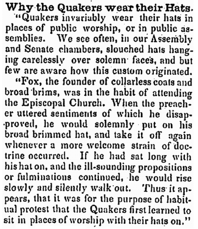 Why the Quakers Wear Their Hats, Washington Reporter newspaper article 4 September 1850