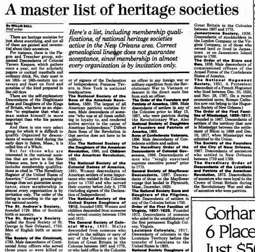 A Master List of Heritage Societies, Times-Picayune newspaper article 20 January 1985