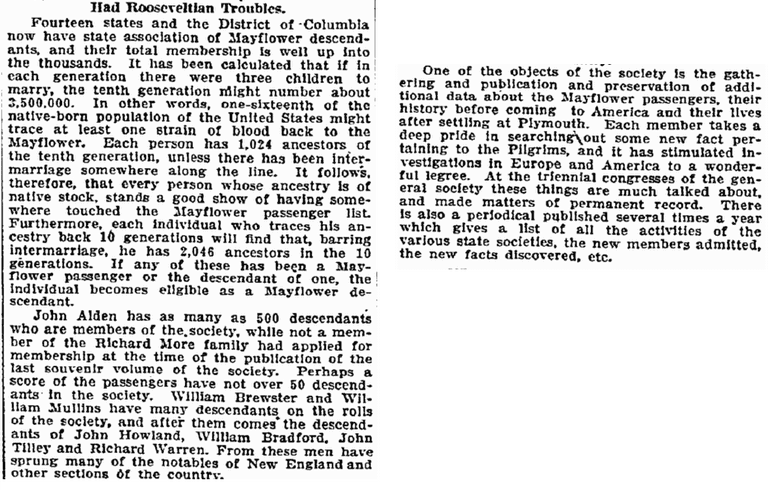 article about descendants of the Mayflower Pilgrims, Duluth News-Tribune newspaper article 18 December 1909