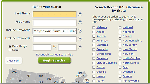 screenshot of a search in GenealogyBank for descendants of Mayflower passenger Samuel Fuller