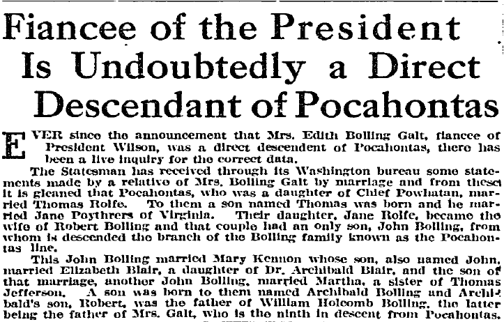 Fiancee of the President Is Undoubtedly a Direct Descendant of Pocahontas, Idaho Statesman newspaper article 14 November 1915