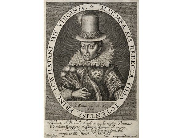 Illustration: portrait of Pocahontas engraved by Simon van de Passe in 1616. It is the only known representation of her made during her lifetime. Credit: National Portrait Gallery; Wikimedia Commons.