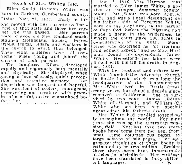 obituary for Ellen White, Jackson Citizen Patriot newspaper article 17 July 1915