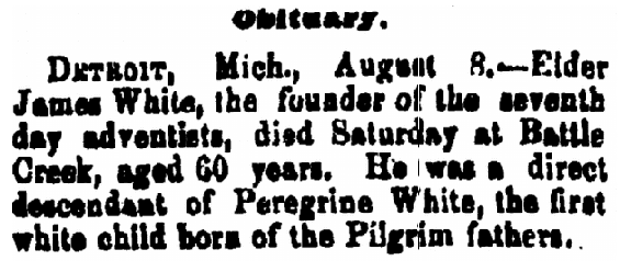 obituary for Elder James White, Kalamazoo Gazette newspaper article 9 August 1881