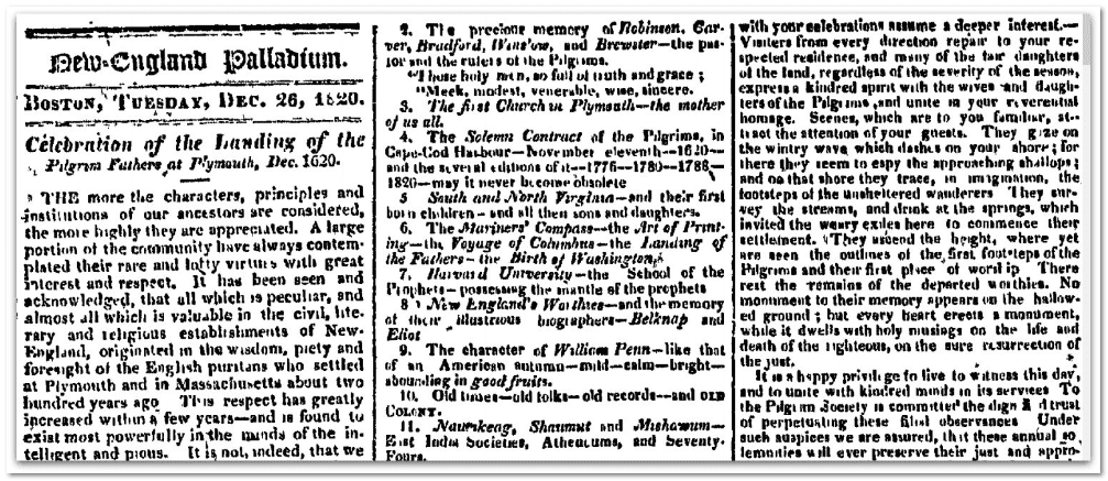 Celebration of the Landing of the Pilgrim Fathers at Plymouth, New England Palladium newspaper article 25 December 1800