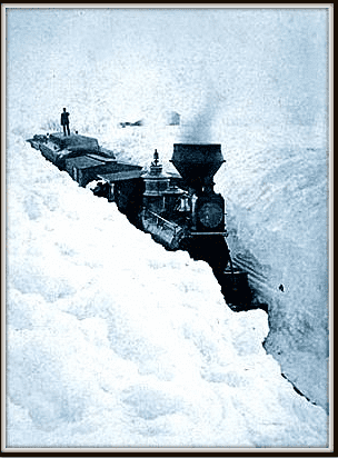 photo of a train passing through deep snow in Minnesota during winter of 1880-1881