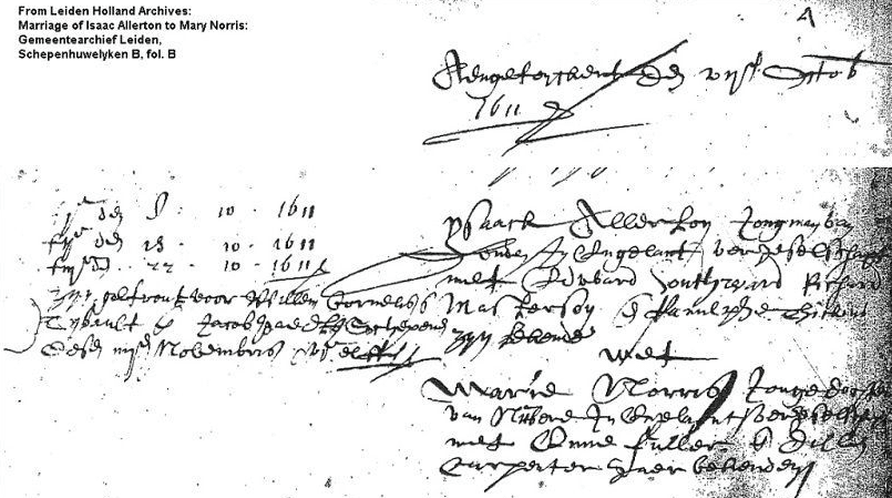 marriage certificate for future Mayflower passengers Isaac Allerton and Mary Norris, 1611