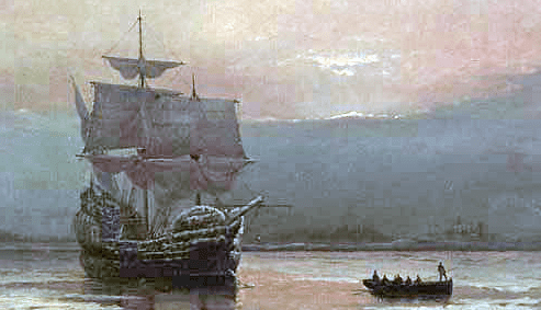 Painting: Mayflower in Plymouth Harbor, William Halsall, 1882