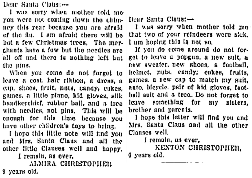 Letters to Santa, Belleville News Democrat newspaper 15 December 1919