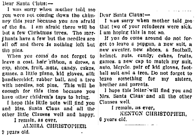 letters to Santa Claus, Belleville News Democrat newspaper article 15 December 1919