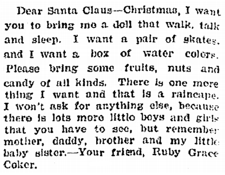 Letter to Santa, Cobb County Times newspaper 20 December 1923