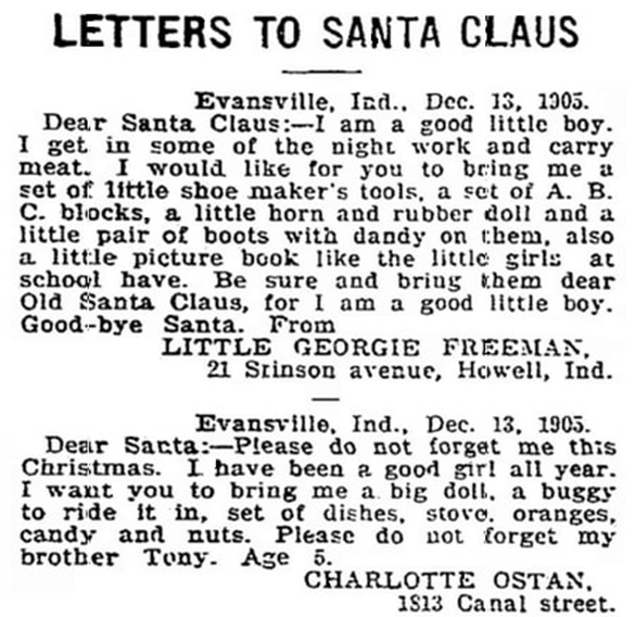 Letters to Santa, Evansville Courier and Press newspaper 15 December 1905