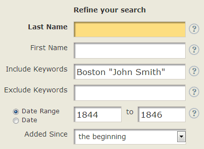 screenshot of a search for John Smith in Boston on GenealogyBank