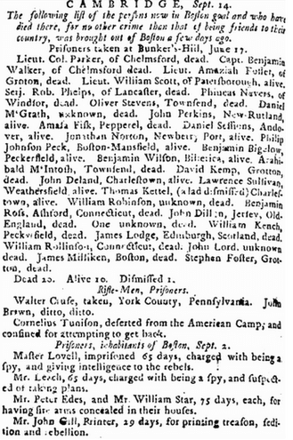 casualty list for the Battle of Bunker Hill, Pennsylvania Journal newspaper article 27 September 1775