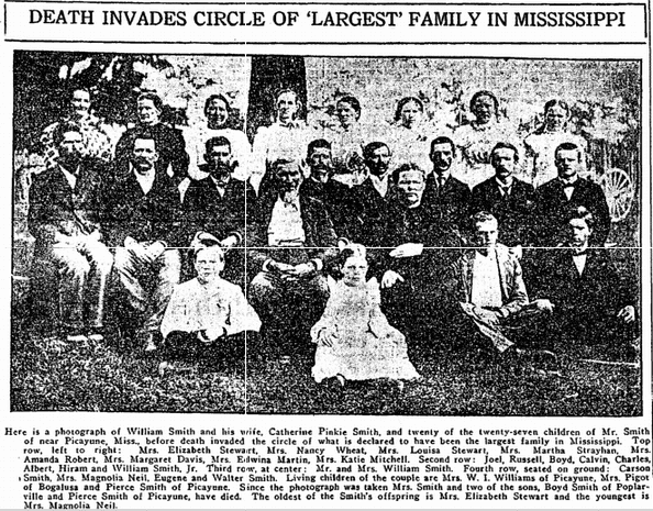 Death Invades Circle of 'Largest' Family in Mississippi, Times-Picayune newspaper article 12 March 1922