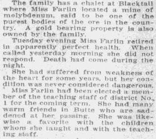 obituary for Emma Farlin, Anaconda Standard newspaper article 7 September 1922