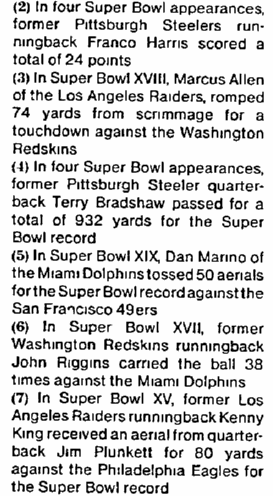 answers to Super Bowl trivia quiz, Chicago Metro News newspaper article 27 January 1990