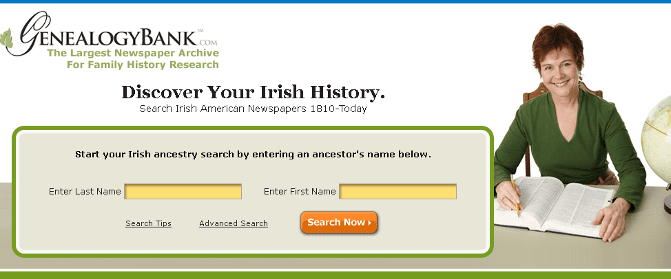 screenshot of GenealogyBank's search page for its Irish American Newspaper Archives