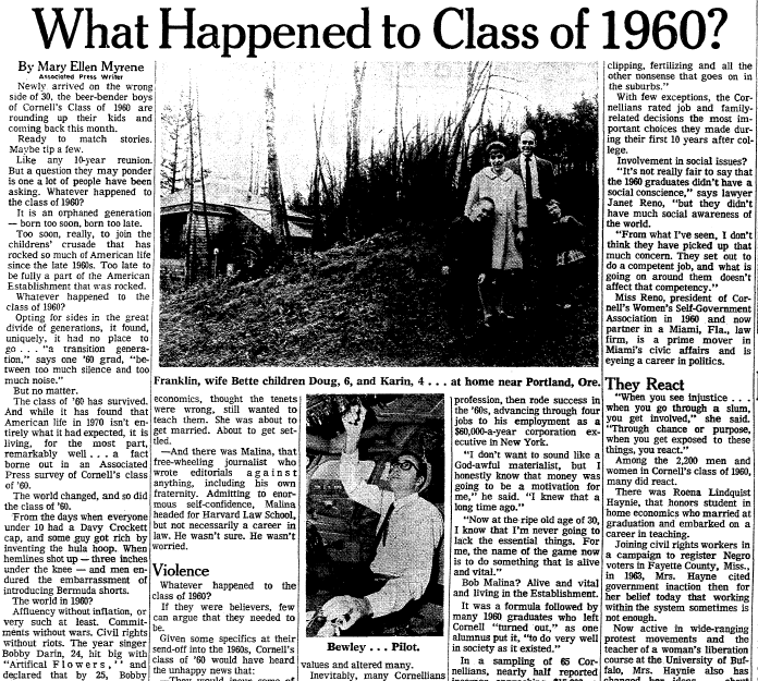 What Happened to (Cornell) Class of 1960? Omaha World Herald newspaper article 14 June 1970