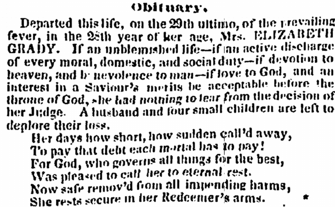 obituary for Elizabeth Grady, Charleston Courier newspaper article 5 October 1838