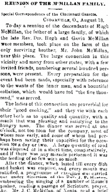 Reunion of the McMillan Family, Cincinnati Daily Gazette newspaper article 19 August 1871