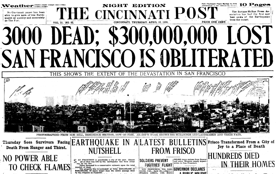 article about the 1906 San Francisco earthquake, Cincinnati Post newspaper article 19 April 1906