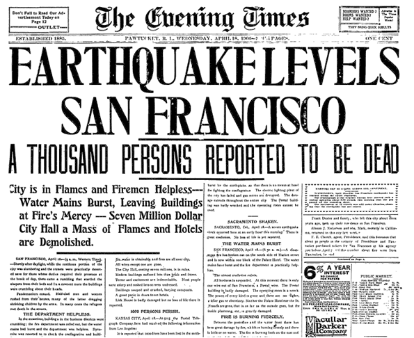 Earthquake Levels San Francisco, Evening Times newspaper article 18 April 1906