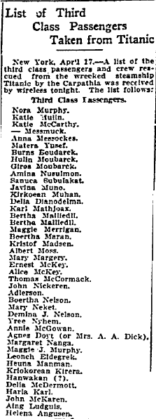 titanic survivors list of names