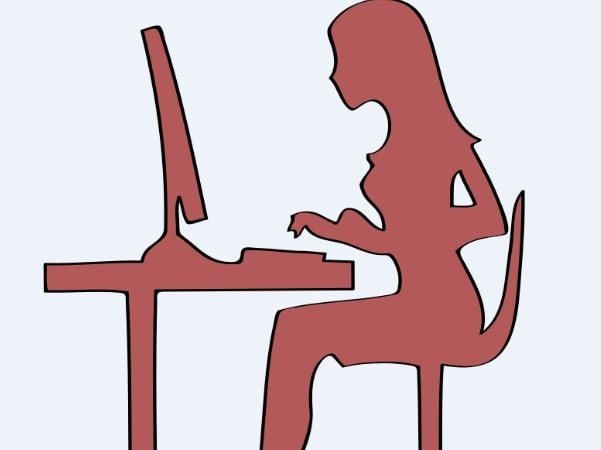 Illustration: a woman seated at her desk using a computer
