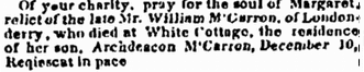 death notice for Margaret McCarron, Irish American Weekly newspaper article 10 January 1852