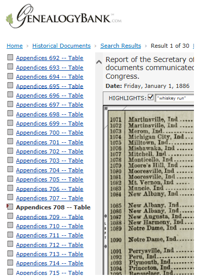 screenshot of a historical document from GenealogyBank about Whiskey Run, Indiana